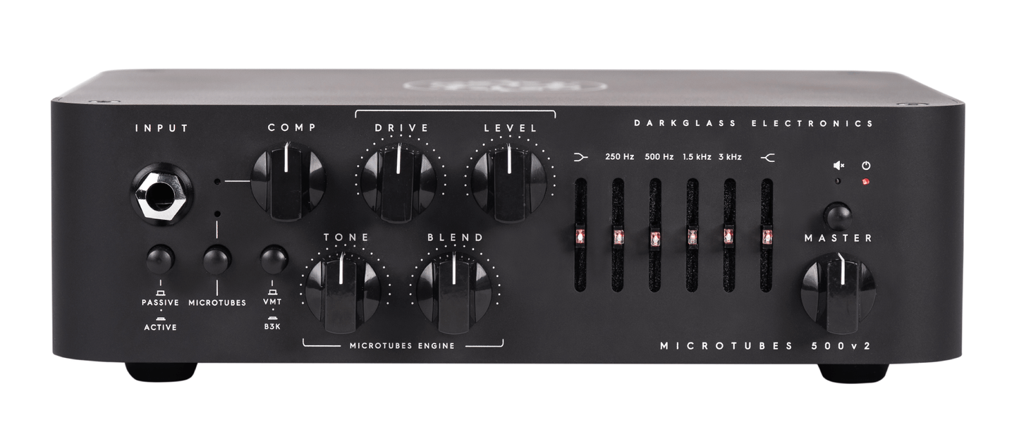 Front panel of the Darkglass Microtubes 500 V2 with new black finish. Available through Leprechaun FX in Edmonton.
