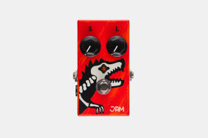 Jam Pedals Dynassor Analog guitar compressor pedal is hand painted with a dinosaur graphic.